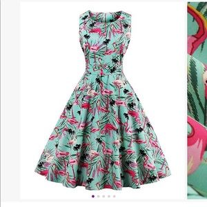 Teal Flamingo Tea length Vintage fit and flare